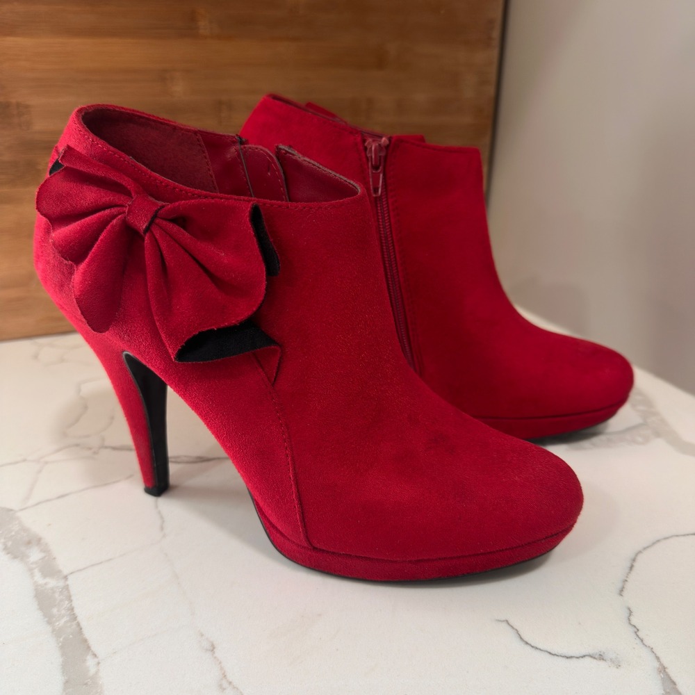Impo Red Faux Suede Bow Ankle Boots Womens 7.5 Stiletto Platform Y2K Coquette